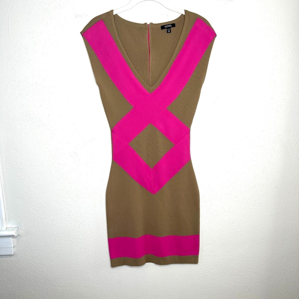 Tan and Hot Pink Bandage Bodycon Dress Sz Medium - Picture 4 of 9